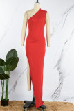 Red Sexy Solid Patchwork Slit Oblique Collar Long Dress Dresses