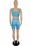 Sky Blue Sportswear Print Letter U Neck Sleeveless Two Pieces