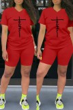 Red Casual Print Basic V Neck Short Sleeve Two Pieces