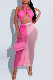 Pink Sexy Solid Patchwork See-through Halter Pencil Skirt Dresses