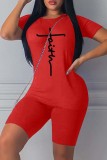 Red Casual Print Basic V Neck Short Sleeve Two Pieces