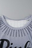 Grey Casual Sportswear Letter Print Basic O Neck Short Sleeve Two Pieces