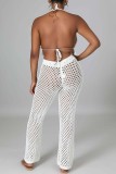 White Sexy Solid Bandage Hollowed Out Backless Halter Sleeveless Two Pieces