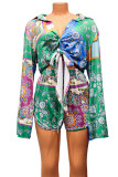 Green Casual Print Bandage Patchwork Buckle Turndown Collar Long Sleeve Two Pieces