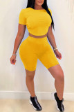 Yellow Casual Solid Bandage Backless O Neck Short Sleeve Two Pieces