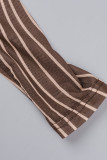 Brown Sexy Striped Print Patchwork Oblique Collar Pencil Skirt Dresses
