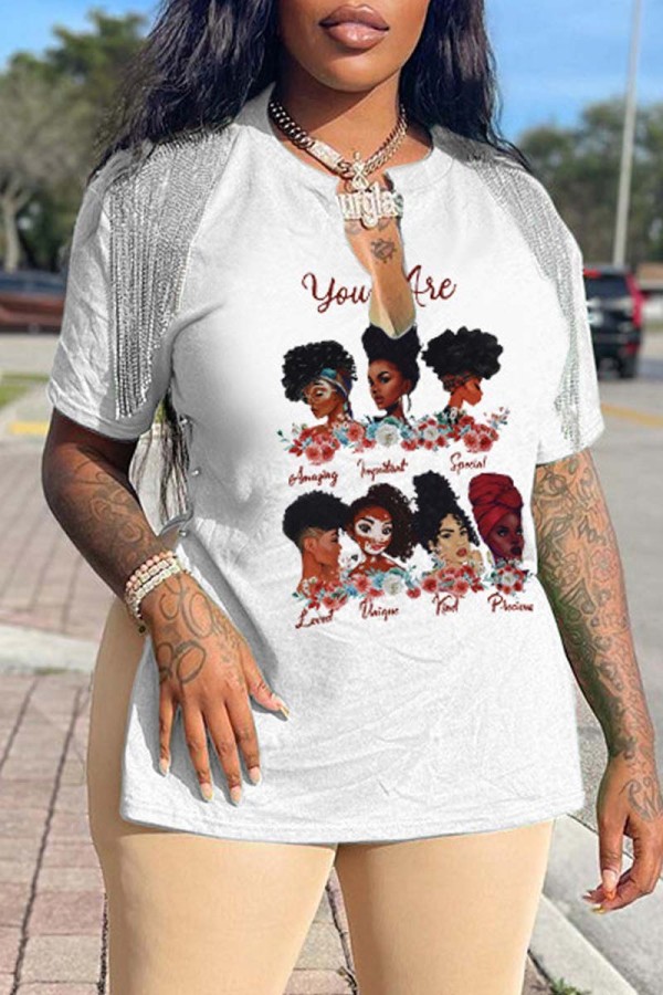White Casual Print Tassel Patchwork V Neck T-Shirts