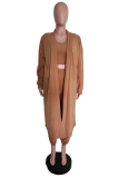 Camel Casual Solid Patchwork O Neck Long Three Pieces