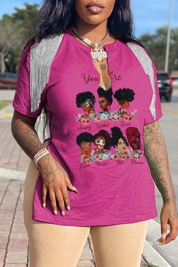 Pink Casual Print Tassel Patchwork V Neck T-Shirts