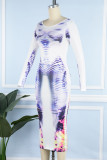 White Sexy Street Print Patchwork O Neck One Step Skirt Dresses