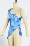 Blue Street Print Bandage Patchwork Asymmetrical Oblique Collar Tops