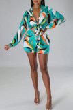 Multicolor Vacation Print Bandage Patchwork Long Sleeve Two Pieces