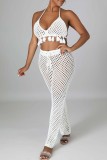 White Sexy Solid Bandage Hollowed Out Backless Halter Sleeveless Two Pieces