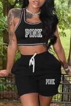 Black Casual Print Letter U Neck Sleeveless Two Pieces
