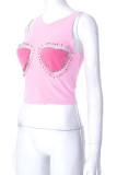 Pink Street Sportswear Solid Patchwork Metal Accessories Decoration O Neck Tops