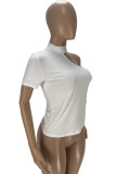 White Casual Solid Asymmetrical Half A Turtleneck T-Shirts