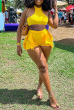 Yellow Sexy Casual Solid Patchwork O Neck Sleeveless Two Pieces