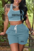 Cyan Casual Print Letter U Neck Sleeveless Two Pieces