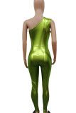 Green Sexy Solid Patchwork Oblique Collar Skinny Jumpsuits
