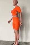 Orange Red Casual Solid Bandage Backless O Neck Short Sleeve Two Pieces