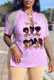 Pink Casual Print Tassel Patchwork V Neck T-Shirts
