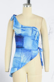 Blue Street Print Bandage Patchwork Asymmetrical Oblique Collar Tops
