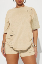 Beige Casual Solid Ripped Short Sleeve Two Pieces