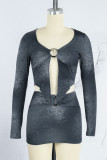 Blue Sexy Solid Patchwork Asymmetrical V Neck Long Sleeve Two Pieces