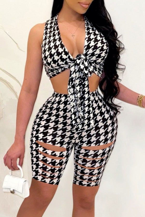 Black And White Sexy Casual Print Ripped Bandage V Neck Sleeveless Two Pieces