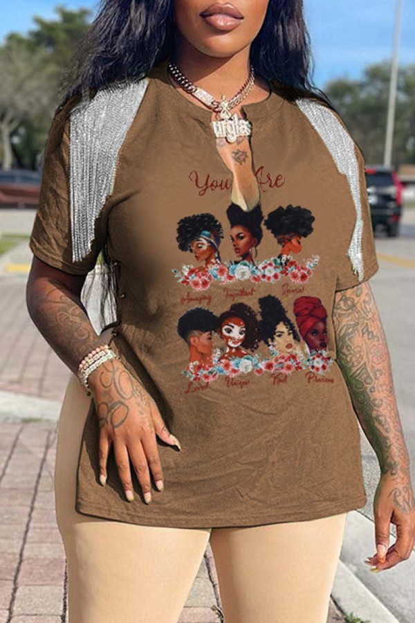 Coffee Casual Print Tassel Patchwork V Neck T-Shirts