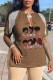Coffee Casual Print Tassel Patchwork V Neck T-Shirts