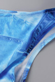 Blue Street Print Bandage Patchwork Asymmetrical Oblique Collar Tops
