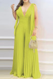 Yellow Casual Solid Patchwork V Neck Regular Jumpsuits