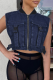 The cowboy blue Street Patchwork Zipper Zipper Collar Tops