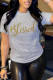 Grey Street Print Patchwork Letter O Neck T-Shirts