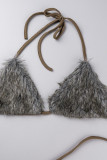 Brown Sexy Solid Patchwork Feathers Halter Sleeveless Two Pieces