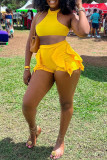 Yellow Sexy Casual Solid Patchwork O Neck Sleeveless Two Pieces