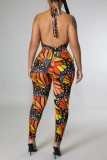 Colour Sexy Print Hollowed Out Backless Strapless Skinny Jumpsuits