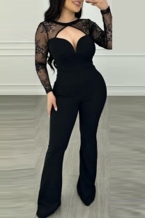 Black Casual Solid Hollowed Out Patchwork O Neck Regular Jumpsuits