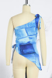 Blue Street Print Bandage Patchwork Asymmetrical Oblique Collar Tops