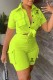 Fluorescent Green Casual Print Letter Turndown Collar Short Sleeve Two Pieces