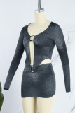 Blue Sexy Solid Patchwork Asymmetrical V Neck Long Sleeve Two Pieces