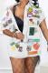 White Casual Print Patchwork Shirt Collar Tops