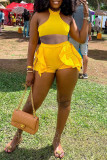 Yellow Sexy Casual Solid Patchwork O Neck Sleeveless Two Pieces