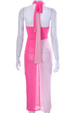 Pink Sexy Solid Patchwork See-through Halter Pencil Skirt Dresses