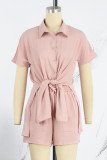 Pink Casual Solid Patchwork Buckle Slit Turndown Collar Short Sleeve Two Pieces