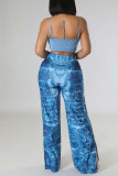 Blue Casual Print Ripped Patchwork High Waist Straight Full Print Bottoms