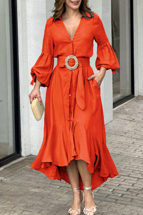Orange Casual Solid Patchwork With Belt V Neck Long Sleeve Dresses