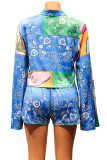 Green Casual Print Bandage Patchwork Buckle Turndown Collar Long Sleeve Two Pieces