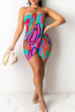 Colour Sexy Print Patchwork Backless Strapless Sleeveless Dress Dresses
